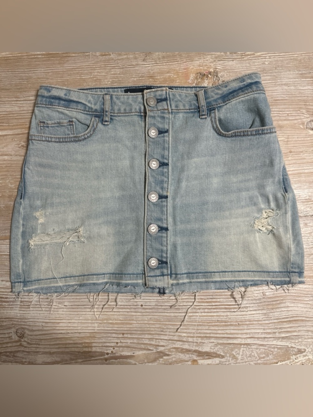 Hollister Light Wash Distressed Button Front Denim Micro Mini Skirt Sz 25